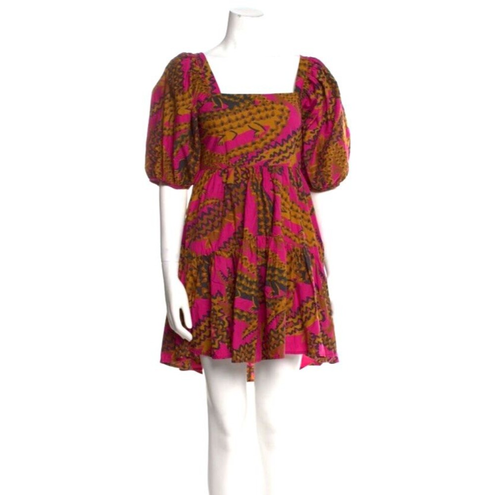 FARM RIO Croco Pink Short Slv Tiered Printed Cotton Poplin Mini Dress Sz XS/2